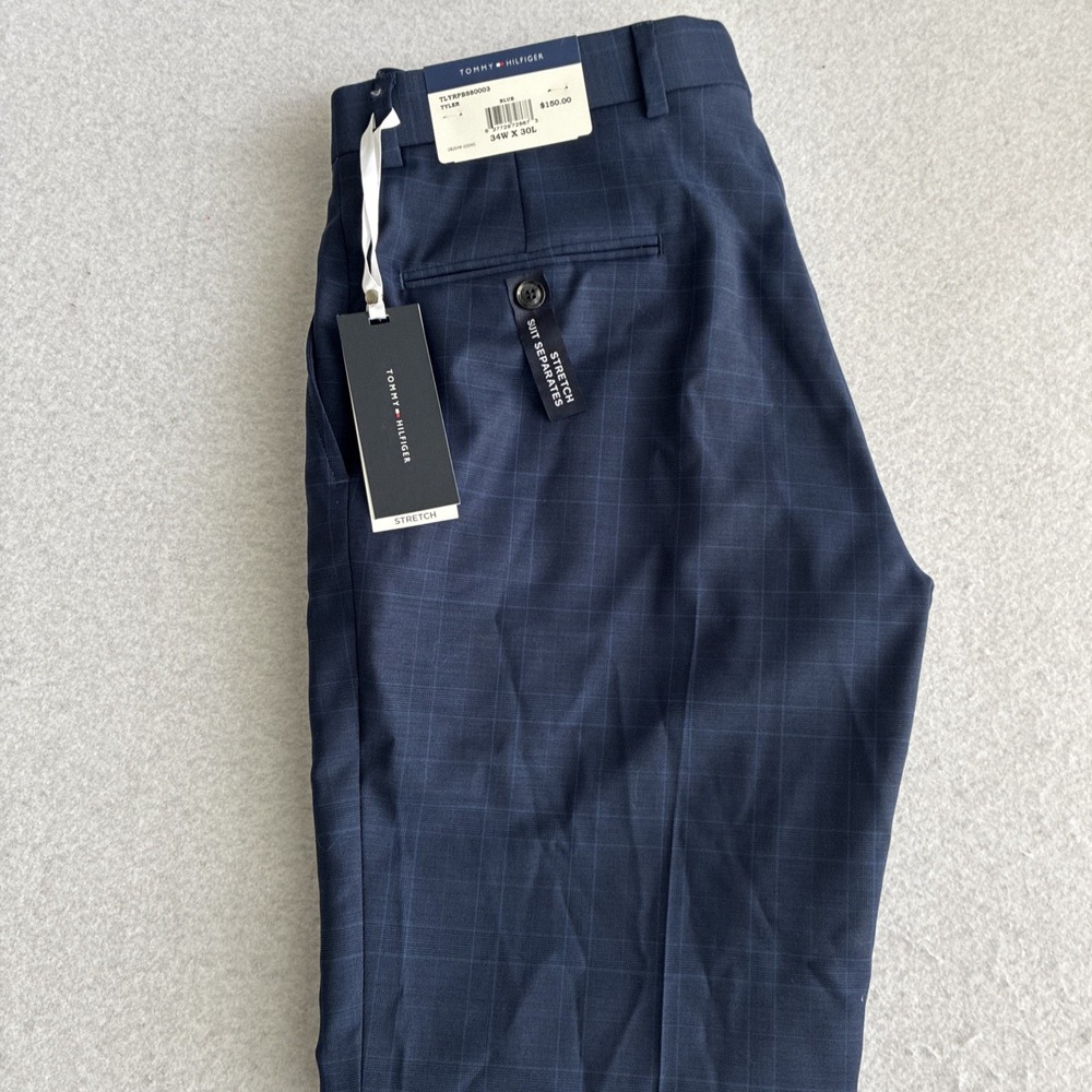 TOMMY HILFIGER 34x30 Tyler Window Pane Check Blue Stretch Dress Pants Business
